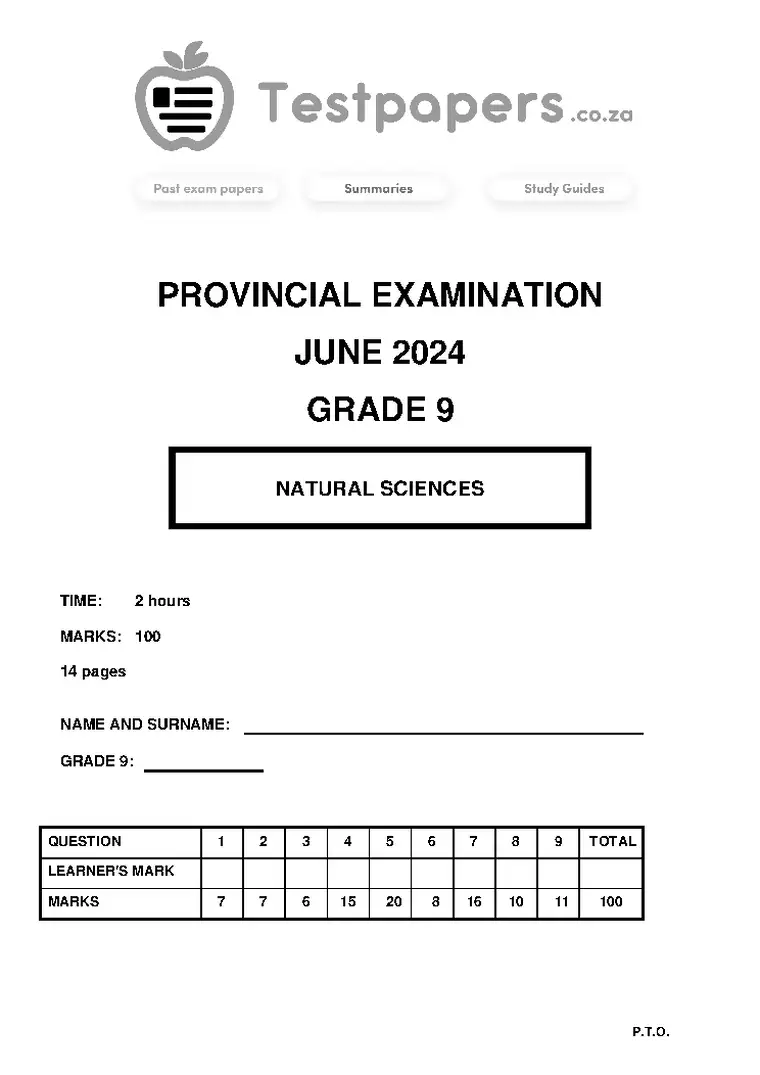 Natural Sciences Grade 9 Term 2 June 2024 question paper PDF, preview of the first page of questions