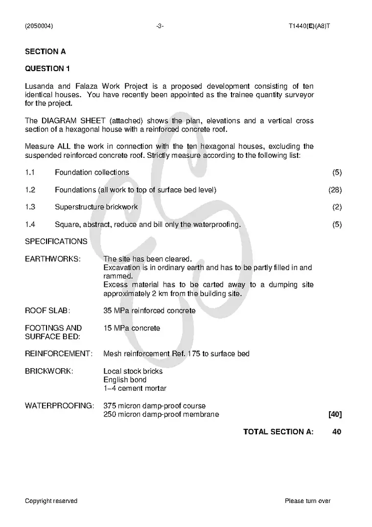 Quantity Surveying N4 August 2018 question paper PDF, preview of the first page of questions