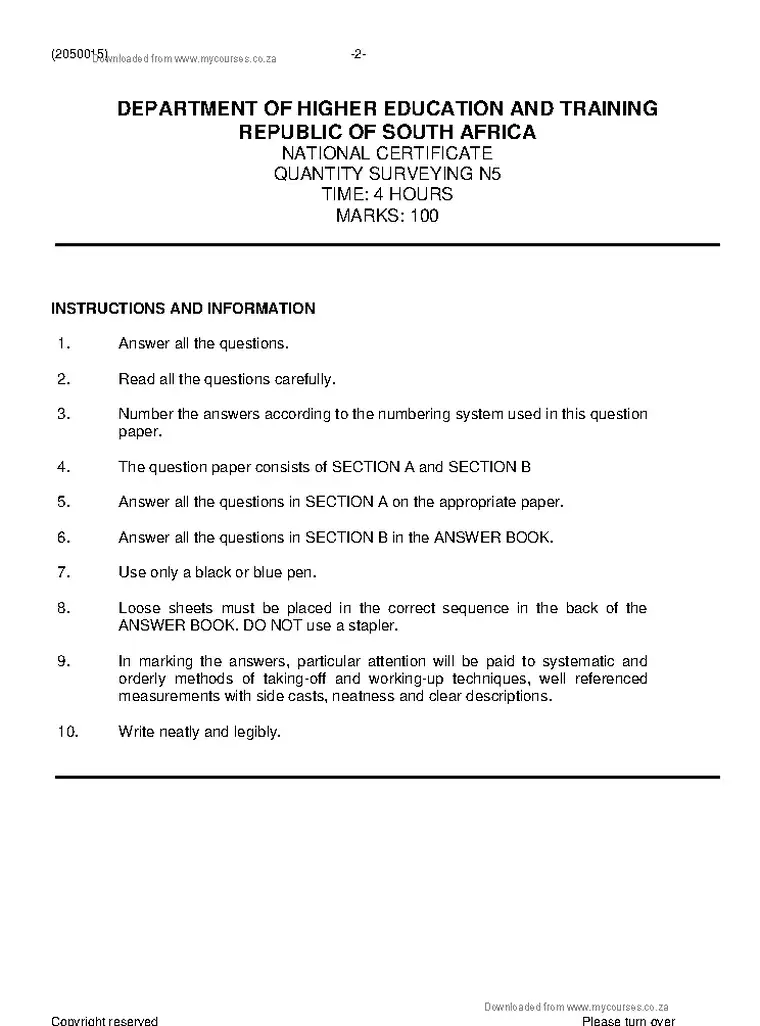 Quantity Surveying N5 August 2021 question paper preview