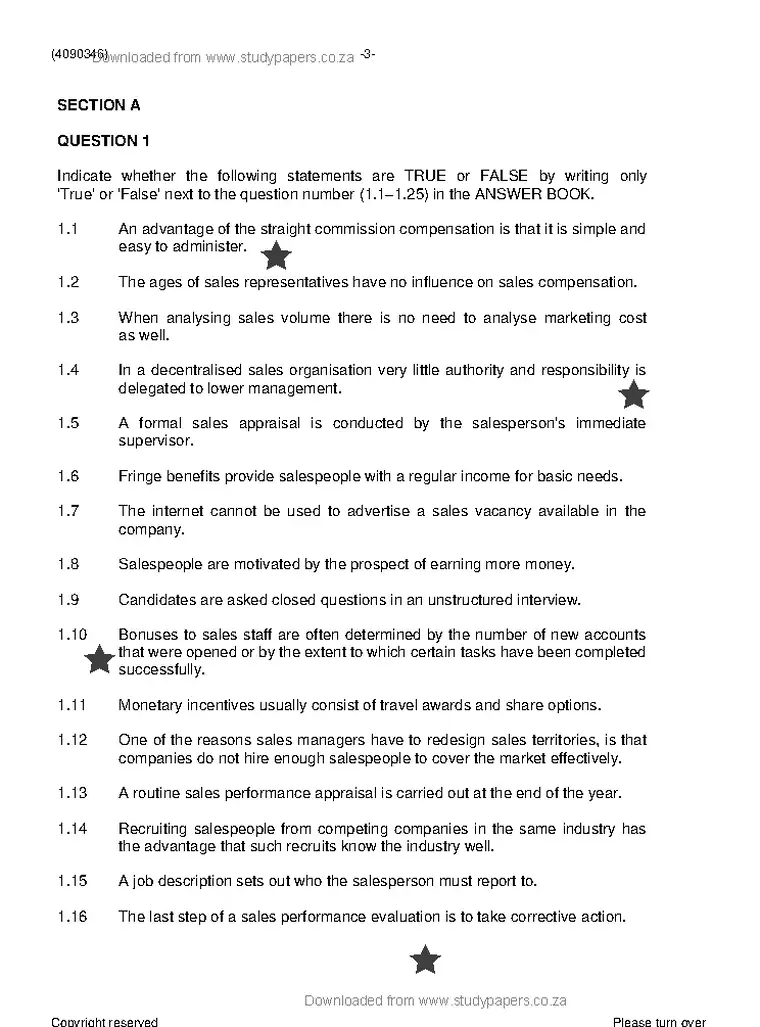 Sales Management N6 November 2023 question paper preview