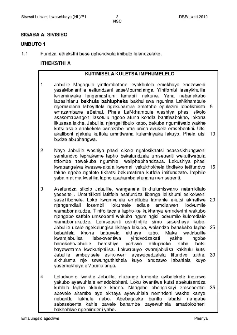 SiSwati Grade 12 Term 4 November 2019 Paper 1 question paper PDF, preview of the first page of questions