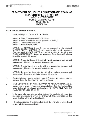 Computer Practice N5 November 2016 question paper, first page of questions