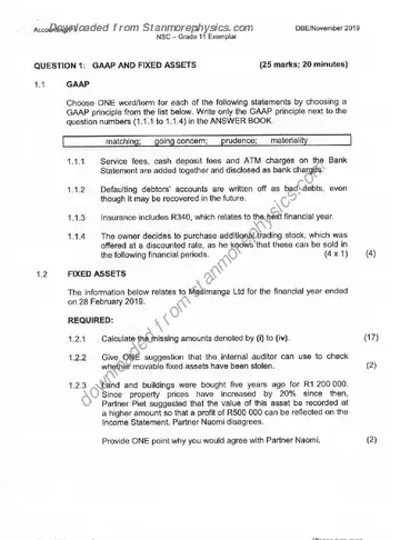 Accounting Grade 11 Exemplar 2019 Paper 1 question paper, first page of questions