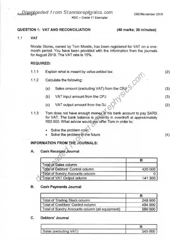 Accounting Grade 11 Exemplar 2019 Paper 2 question paper, first page of questions
