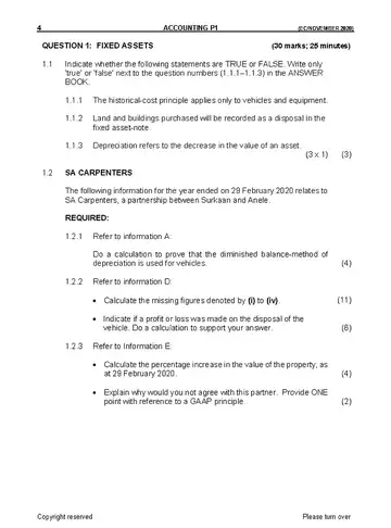 Accounting Grade 11 November 2020 Paper 1 question paper, first page of questions