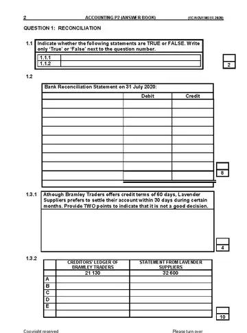 Accounting Grade 11 November 2020 Paper 2 question paper, first page of questions