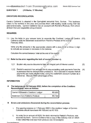Accounting Grade 11 March Test 2022 question paper, first page of questions