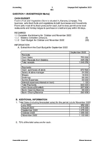 Accounting Grade 11 Common Test 2023 question paper, first page of questions
