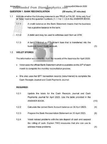 Accounting Grade 11 March Test 2025 (Limpopo) question paper, first page of questions