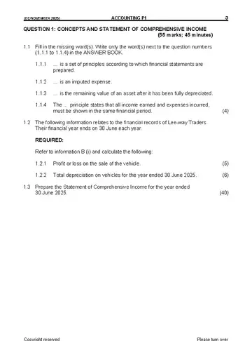 Accounting Grade 11 November 2025 Paper 1 question paper, first page of questions