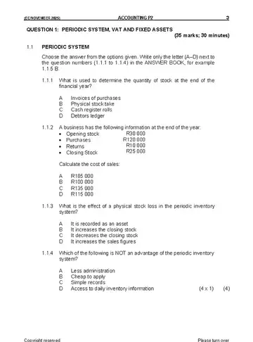 Accounting Grade 11 November 2025 Paper 2 question paper, first page of questions