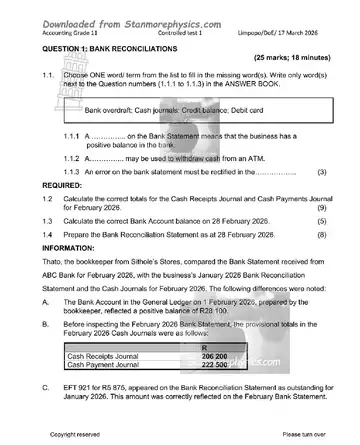 Accounting Grade 11 March Test 2026 (Limpopo) question paper, first page of questions