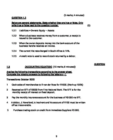 Accounting Grade 11 March Test 2026 question paper, first page of questions