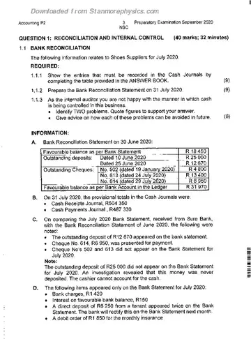 Accounting Grade 12 September Trial 2020 Paper 2 question paper, first page of questions