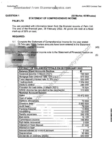 Accounting Grade 12 June 2022 question paper, first page of questions