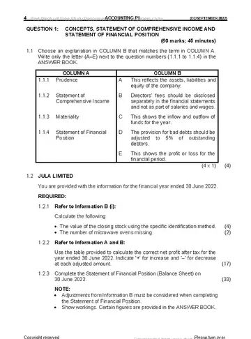 Accounting Grade 12 September Trial 2022 Paper 1 question paper, first page of questions