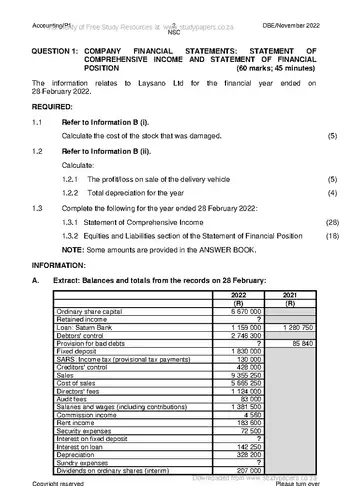 Accounting Grade 12 November 2022 Paper 1 (National DBE) question paper, first page of questions