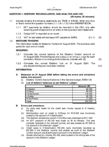 Accounting Grade 12 November 2024 Paper 2 (National DBE) question paper, first page of questions
