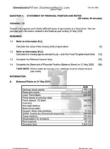 Accounting Grade 12 June 2026 Paper 1 (Free State) question paper, first page of questions