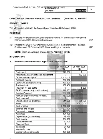 Accounting Grade 12 June 2026 Paper 1 (Gauteng) question paper, first page of questions