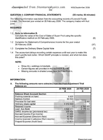 Accounting Grade 12 September Trial 2026 Paper 1 (Mpumalanga) question paper, first page of questions