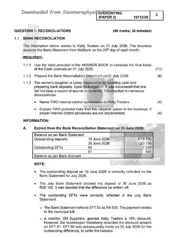 Accounting Grade 12 September Trial 2026 Paper 2 (Gauteng) question paper, first page of questions