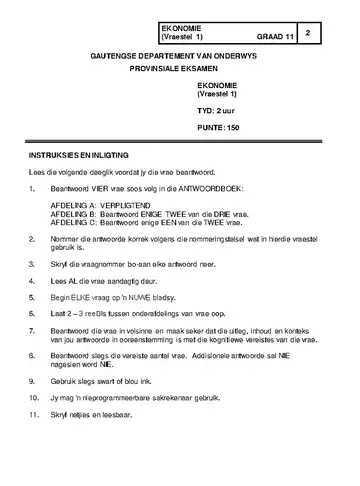 Afrikaans Grade 11 November 2018 Paper 1 question paper, first page of questions