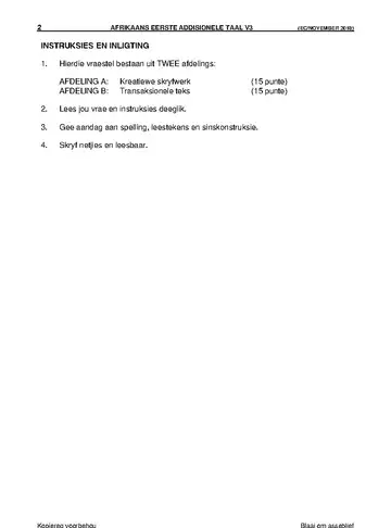 Afrikaans Grade 6 November 2018 Paper 3 question paper, first page of questions