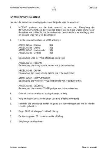 Afrikaans Language Grade 12 May/June 2018 Paper 2 question paper, first page of questions