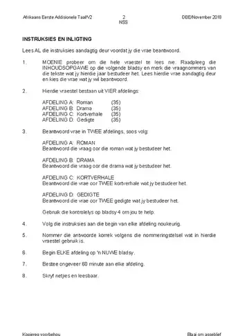 Afrikaans Language Grade 12 November 2018 Paper 2 (National DBE) question paper, first page of questions