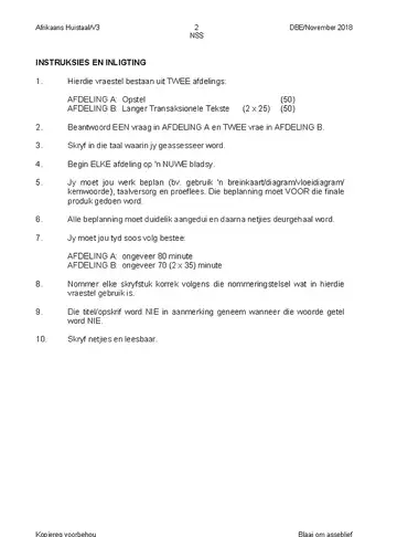 Afrikaans Language Grade 12 November 2018 Paper 3 (National DBE) question paper, first page of questions