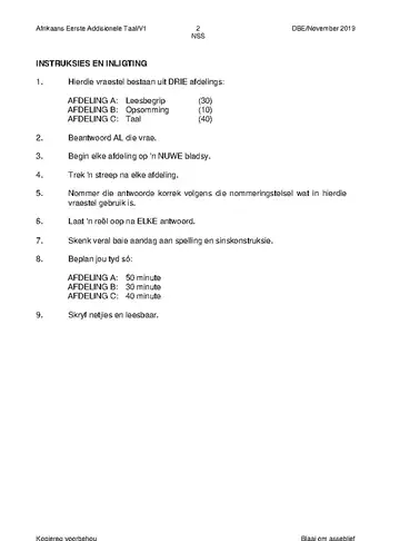 Afrikaans Language Grade 12 November 2019 Paper 1 (National DBE) question paper, first page of questions