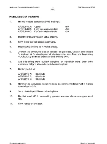 Afrikaans Language Grade 12 November 2019 Paper 3 (National DBE) question paper, first page of questions