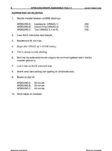 Afrikaans Language Grade 12 September Trial 2020 Paper 1 question paper, first page of questions