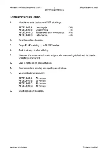 Afrikaans Language Grade 12 November 2020 Paper 1 (Mpumalanga) question paper, first page of questions