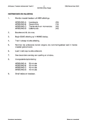 Afrikaans Language Grade 12 November 2020 Paper 1 (Western Cape) question paper, first page of questions