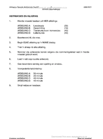 Afrikaans Language Grade 12 May/June 2021 Paper 1 (Mpumalanga) question paper, first page of questions