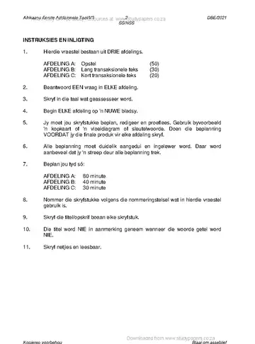 Afrikaans Language Grade 12 May/June 2021 Paper 3 question paper, first page of questions