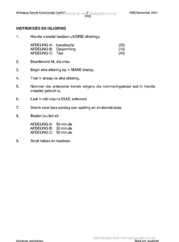 Afrikaans Language Grade 12 November 2021 Paper 1 (National DBE) question paper, first page of questions