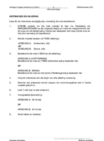 Afrikaans Language Grade 12 November 2021 Paper 2 (Eastern Cape) question paper, first page of questions