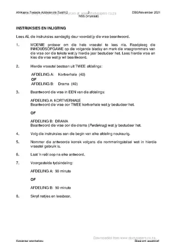 Afrikaans Language Grade 12 November 2021 Paper 2 (Free State) question paper, first page of questions