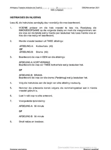 Afrikaans Language Grade 12 November 2021 Paper 2 (Limpopo) question paper, first page of questions