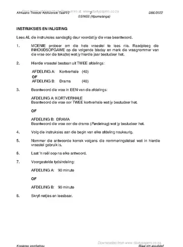 Afrikaans Language Grade 12 May/June 2022 Paper 2 (Mpumalanga) question paper, first page of questions