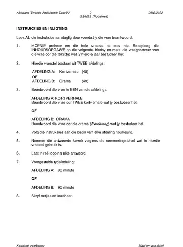 Afrikaans Language Grade 12 May/June 2022 Paper 2 (North West) question paper, first page of questions