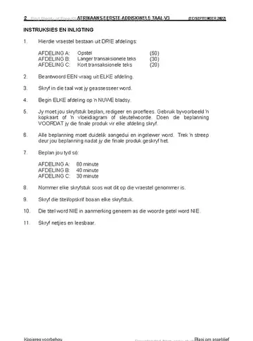 Afrikaans Language Grade 12 September Trial 2022 Paper 3 question paper, first page of questions