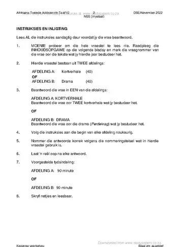 Afrikaans Language Grade 12 November 2022 Paper 2 (Free State) question paper, first page of questions