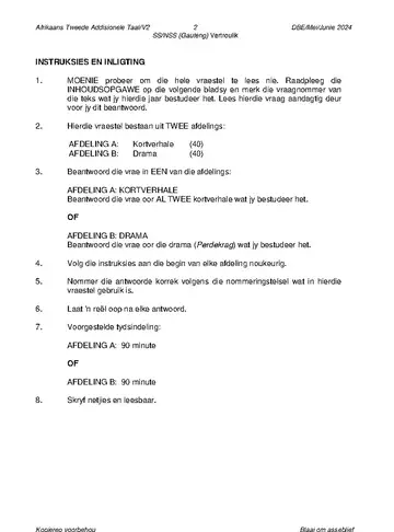 Afrikaans Language Grade 12 May/June 2024 Paper 2 (Gauteng) question paper, first page of questions