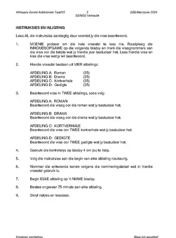 Afrikaans Language Grade 12 May/June 2024 Paper 2 question paper, first page of questions