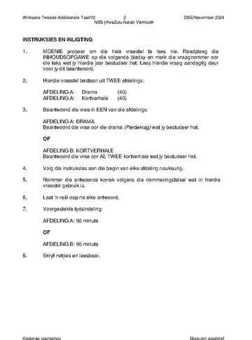 Afrikaans Language Grade 12 November 2024 Paper 2 (KwaZulu-Natal) question paper, first page of questions