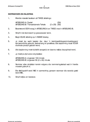 Afrikaans Language Grade 12 November 2024 Paper 3 (National DBE) question paper, first page of questions